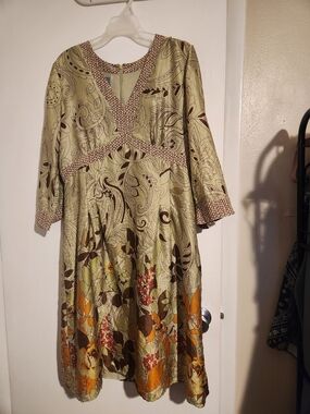 Paisley Floral Midi Dress in Olive Green and Brown